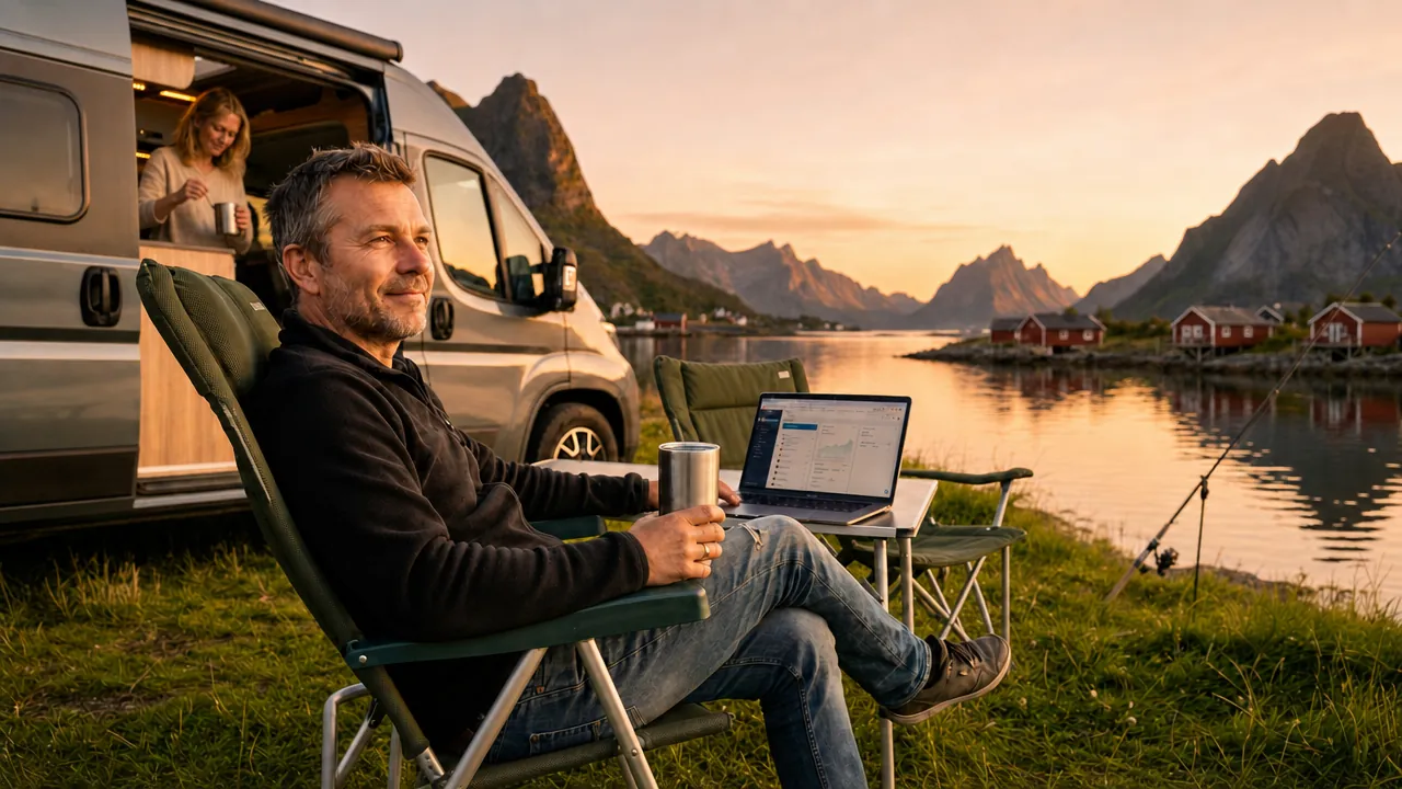 Onlinehändler arbeitet entspannt mit Laptop und Kaffee vor seinem Campervan am Fjord, seine Frau macht sich im Bus einen Tee