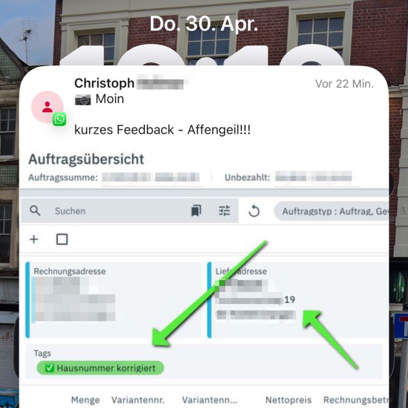 WhatsApp-Feedback eines Händlers: Affengeil!!! Die KI-Automation hat die Hausnummer im Auftrag automatisch korrigiert.